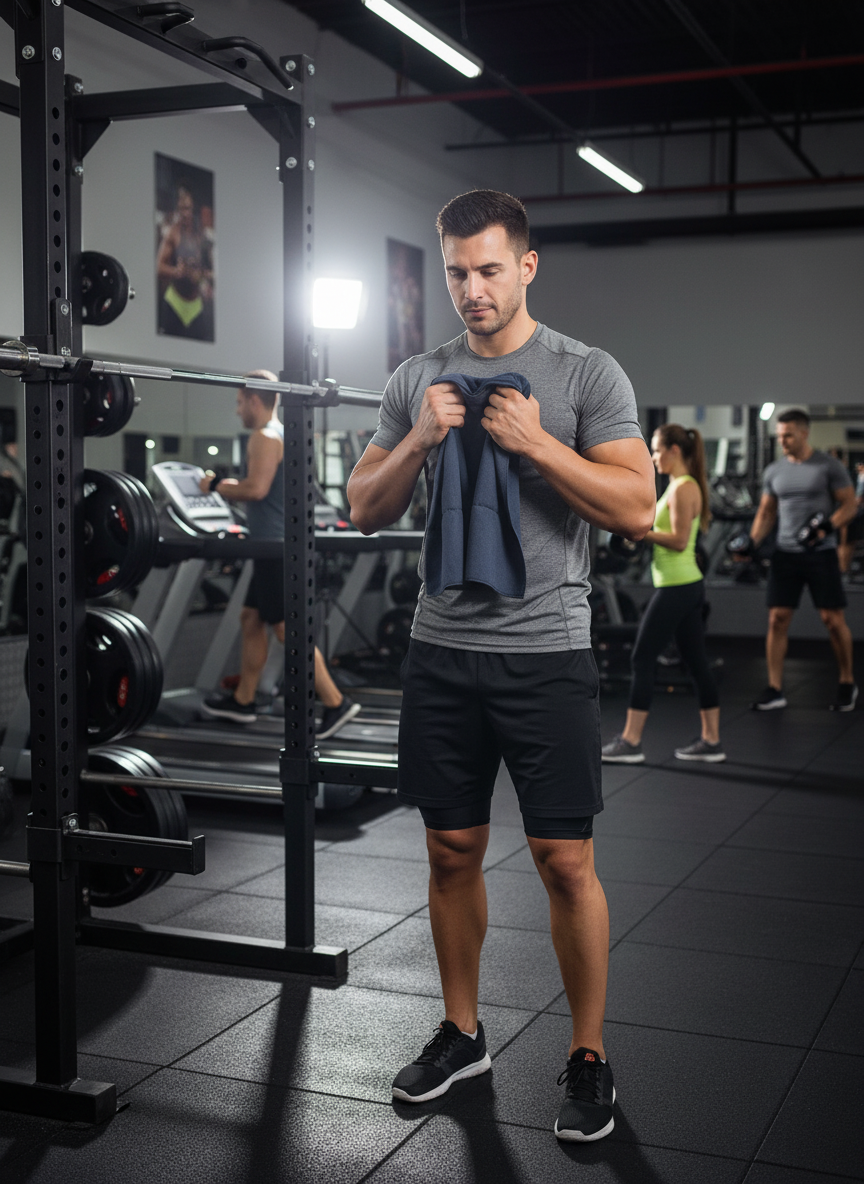 Man Using Towel in Busy Gym