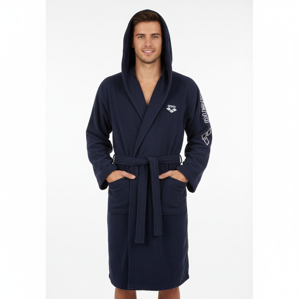 Man wearing Arena bathrobe