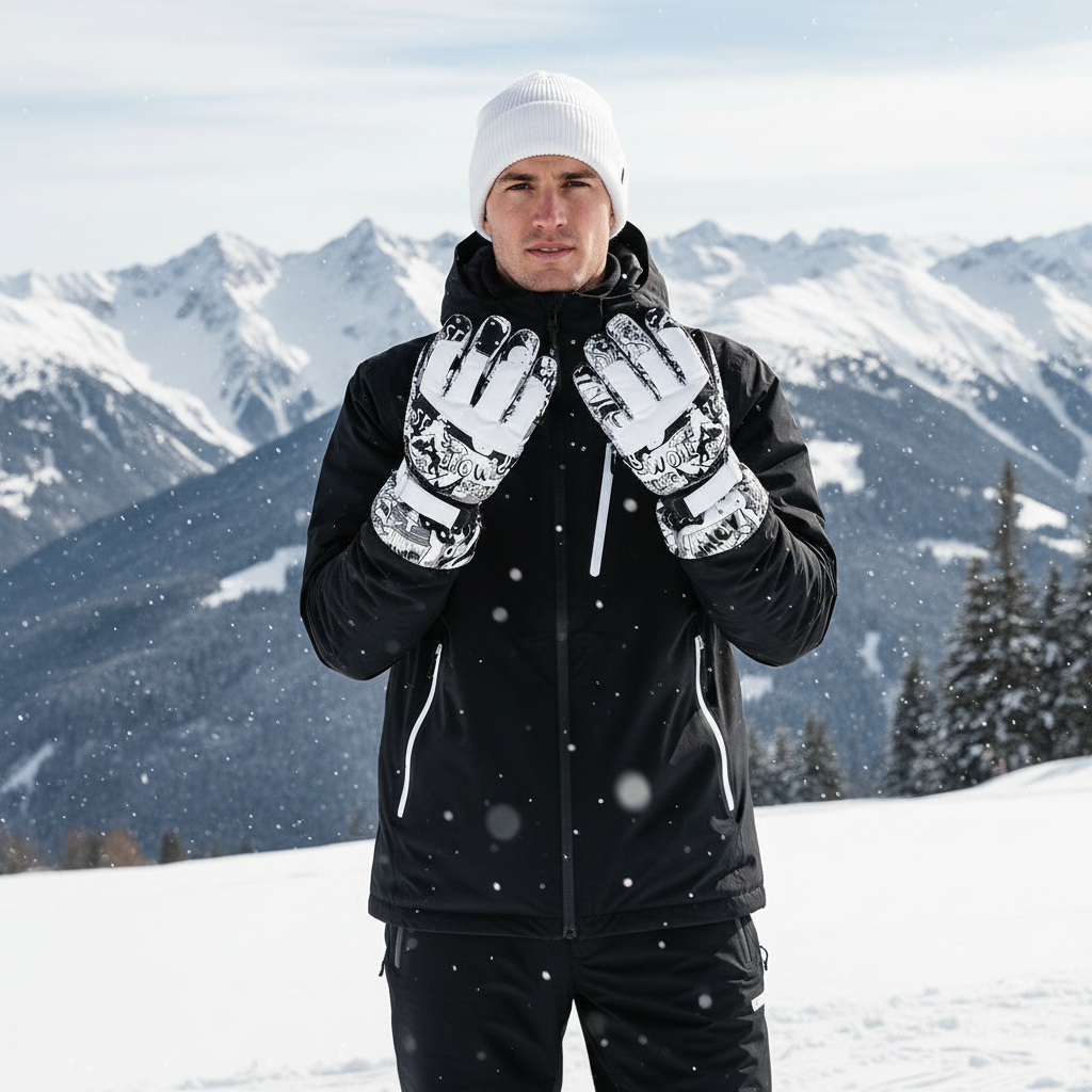 Man wearing black and white graffiti ski gloves