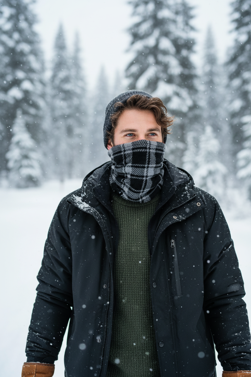 Man wearing black grey plaid headgear