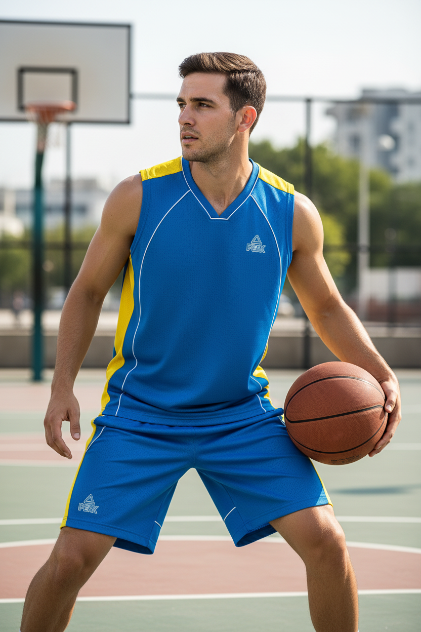 Man wearing blue and yellow basketball uniform