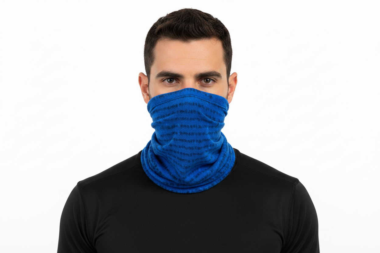 Man Wearing Blue Fleece Neck Gaiter