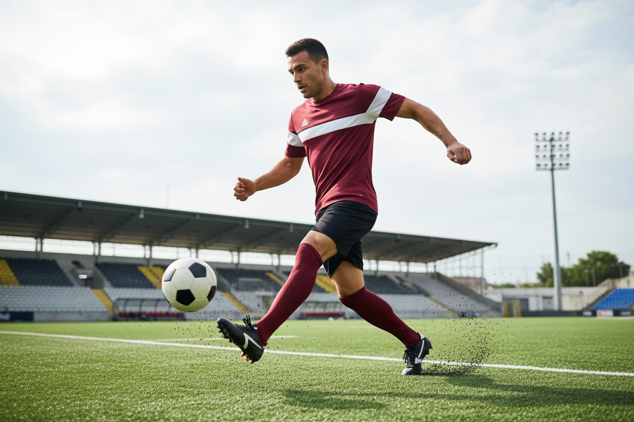 Man wearing bordeaux Peak t-shirt doing sports