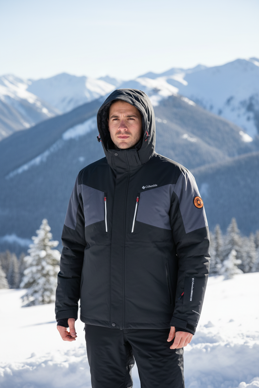 Man wearing dark gray Columbia ski jacket