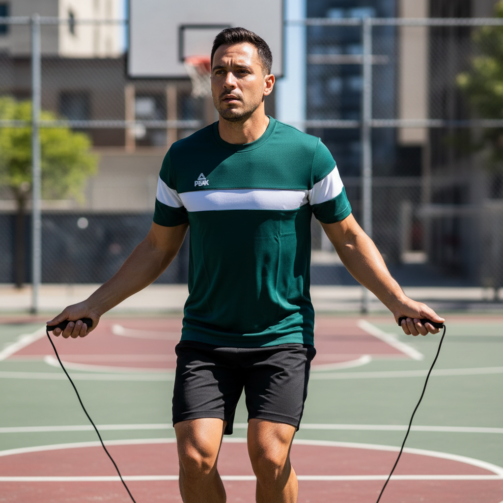 Man wearing dark green and white Peak t-shirt doing sports in playground or gym