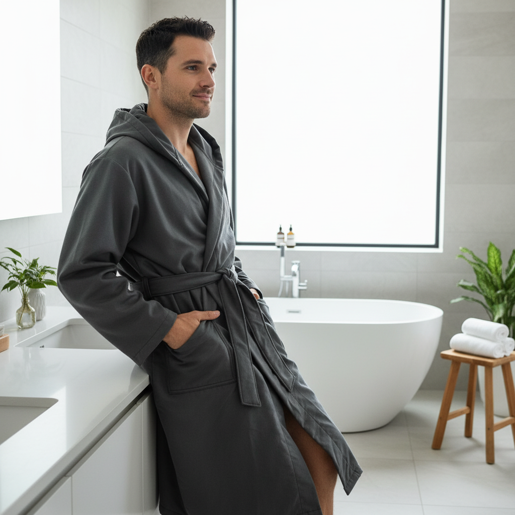Man wearing gray hooded bathrobe in bathroom