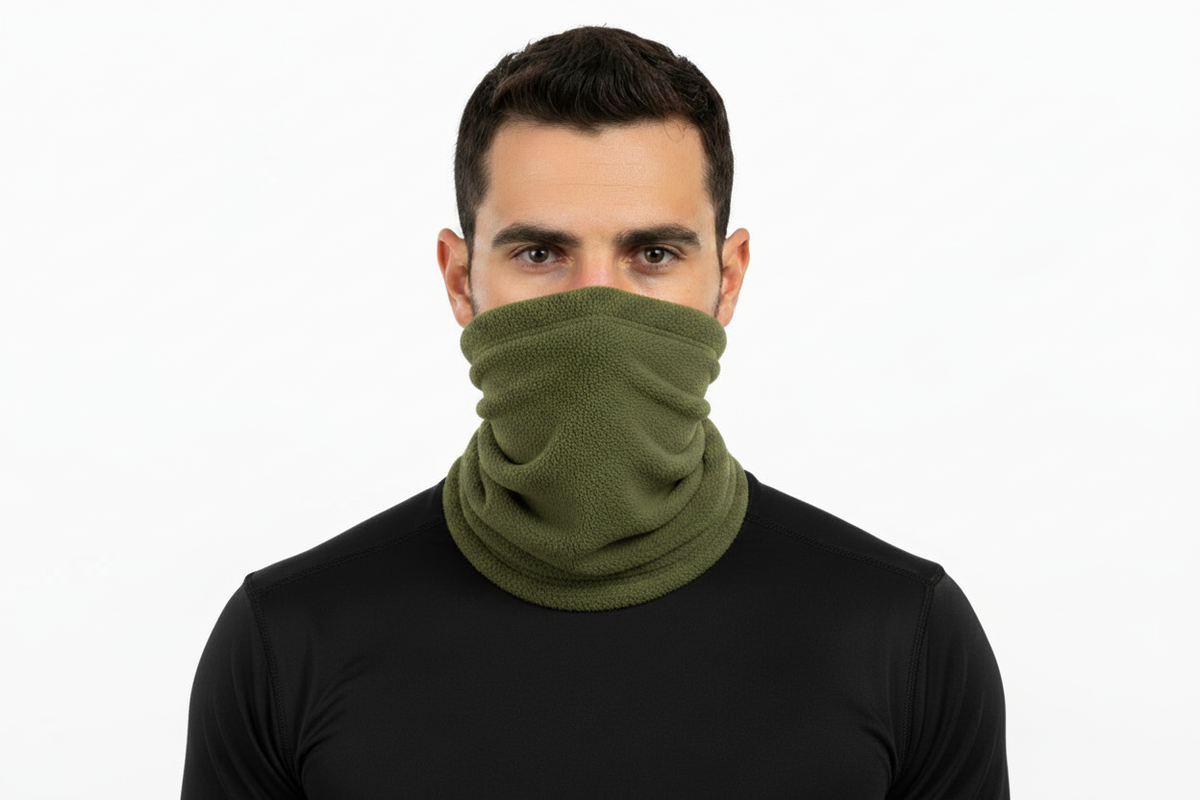 Man Wearing Green Fleece Neck Gaiter