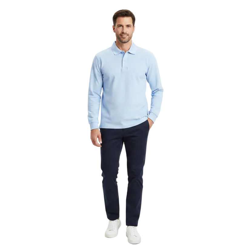Man wearing light blue polo