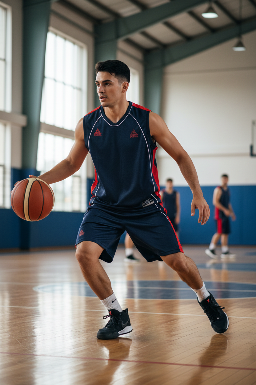 Man wearing navy basketball uniform