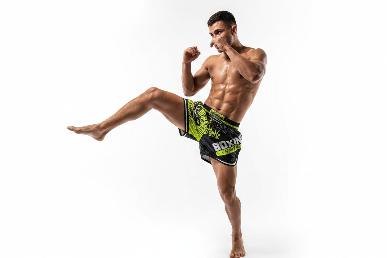 Man wearing neon yellow boxing shorts