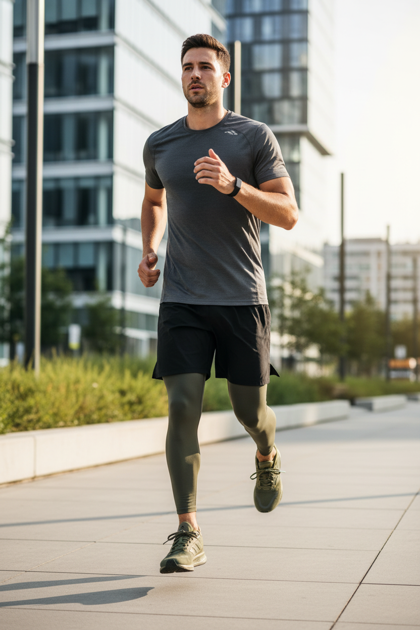 Man wearing olive green Adidas running shoes