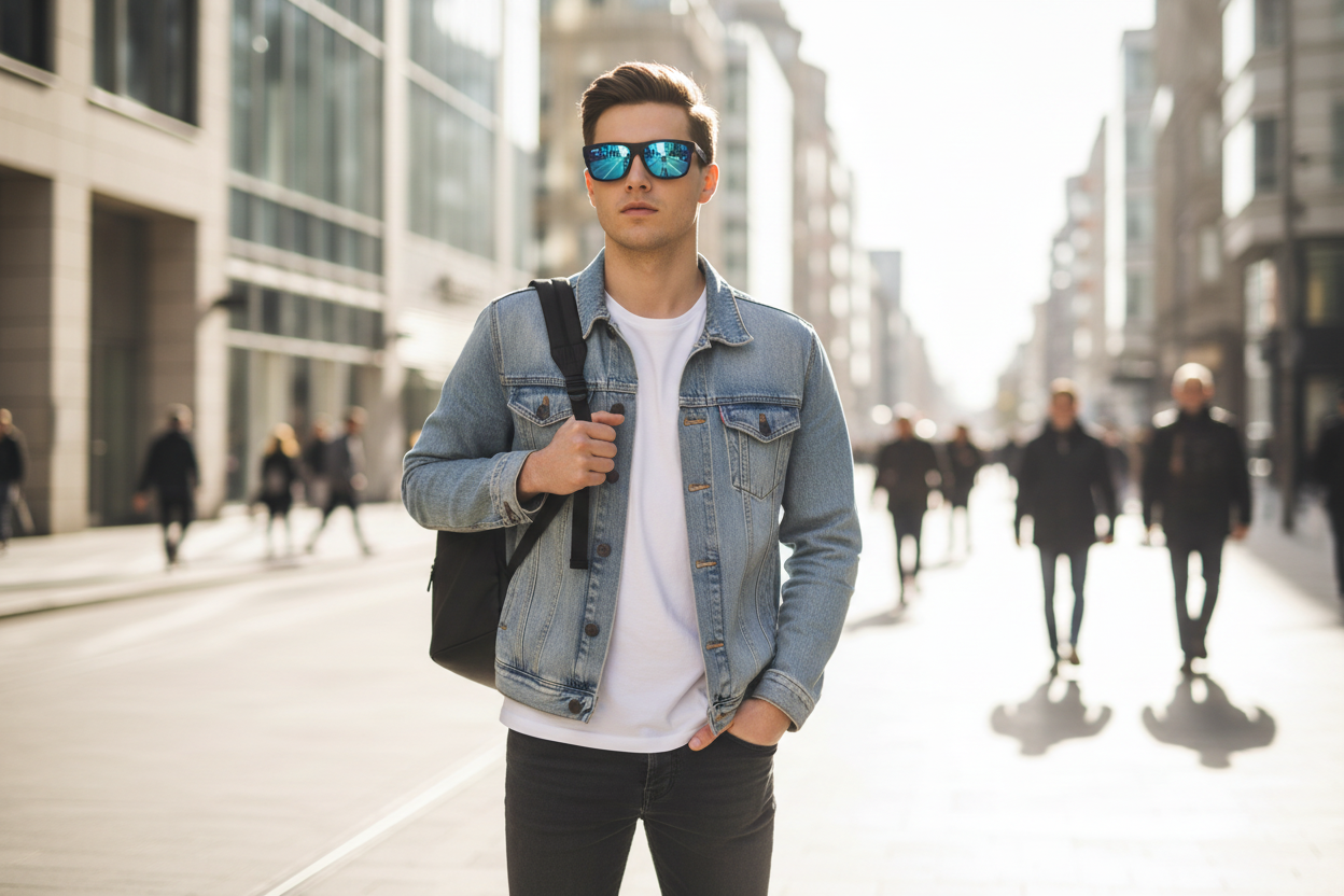 Man wearing Ray-Ban flat-top sunglasses with blue mirror lenses