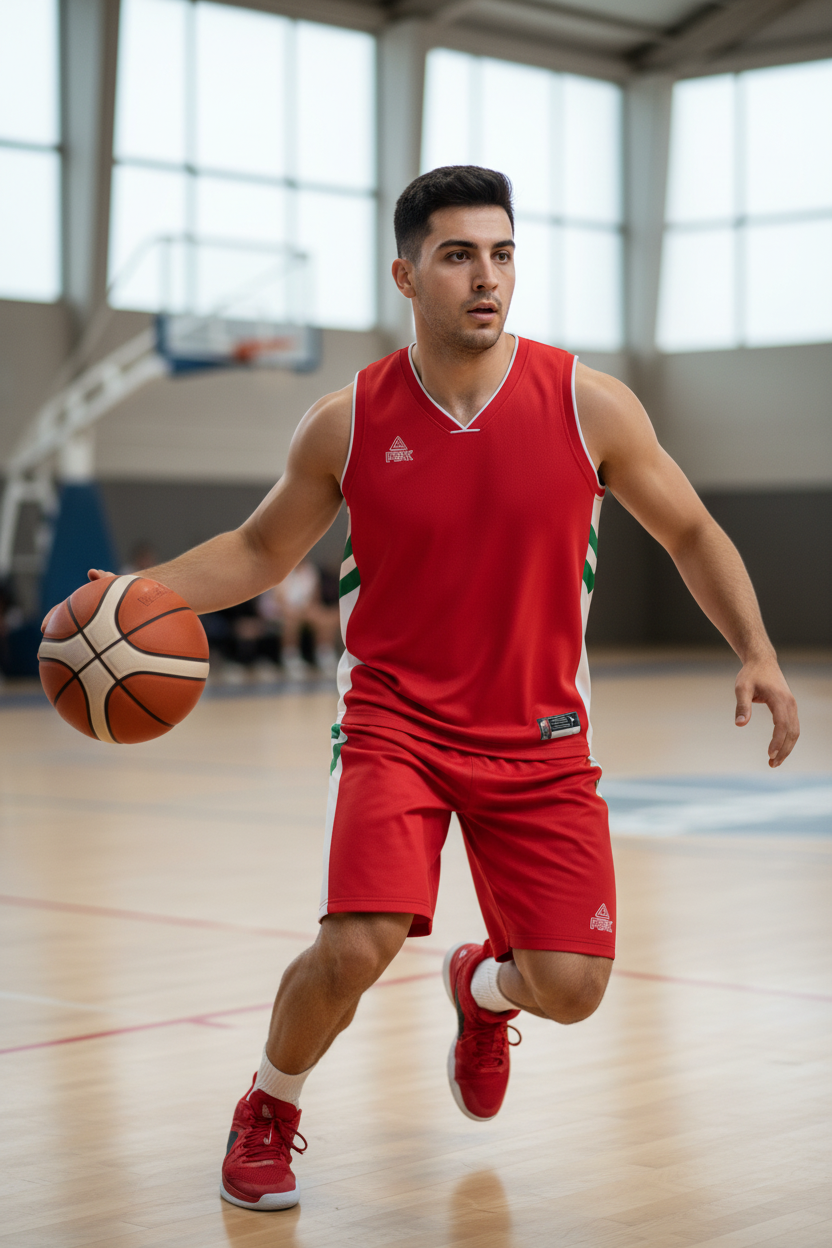 Man wearing red basketball uniform