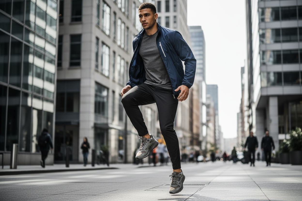 Man wearing Reebok grey running shoes