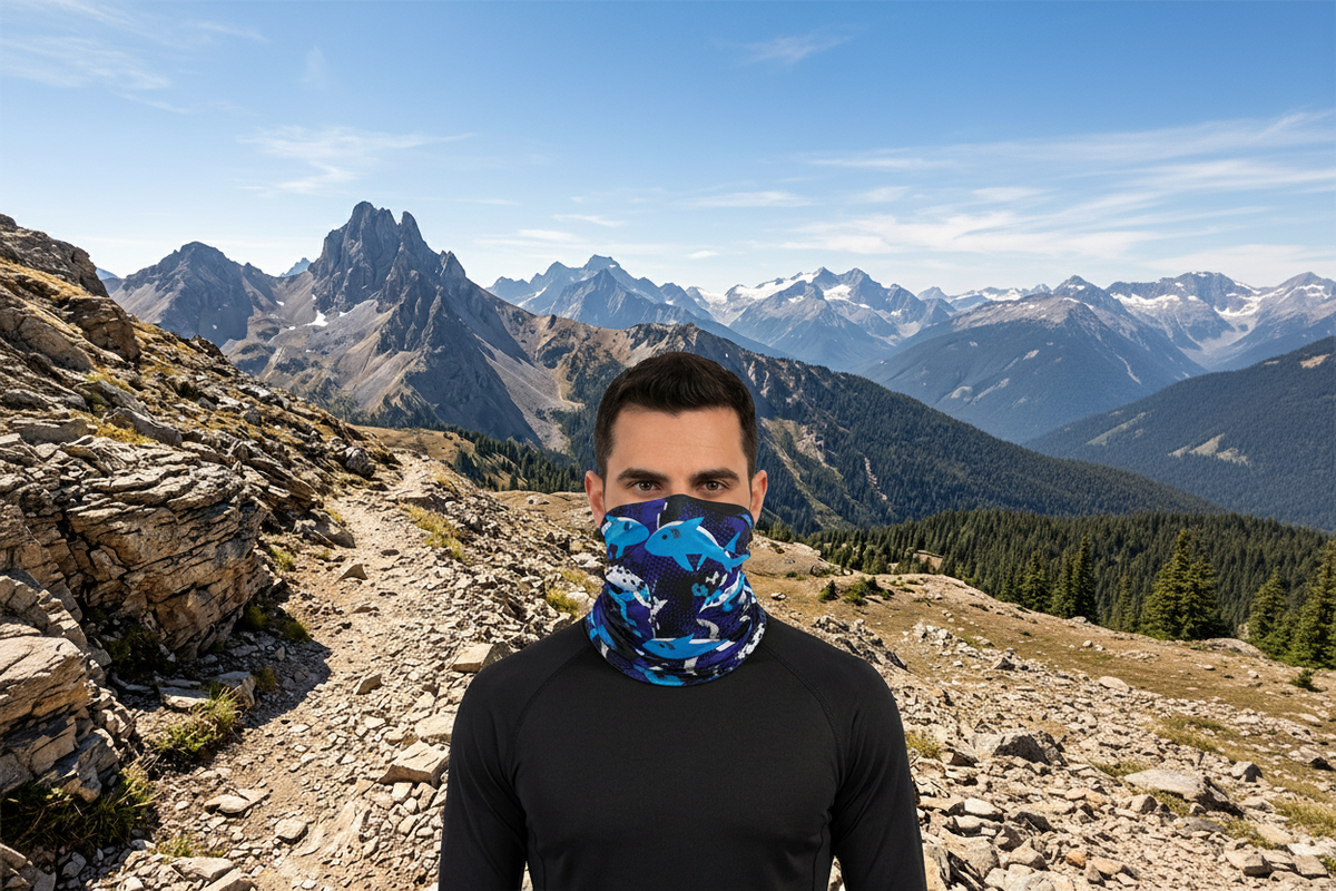 Man wearing shark blue neck gaiter on mountain