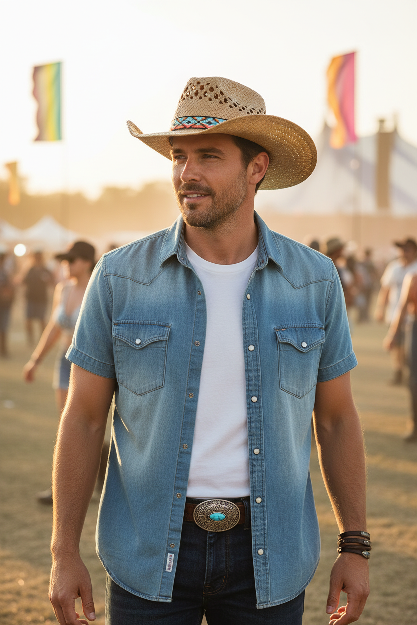 Man Wearing Stetson Western Festival Raffia Hat