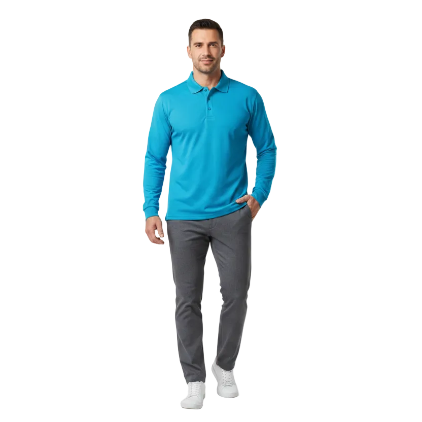 Man wearing turquoise polo