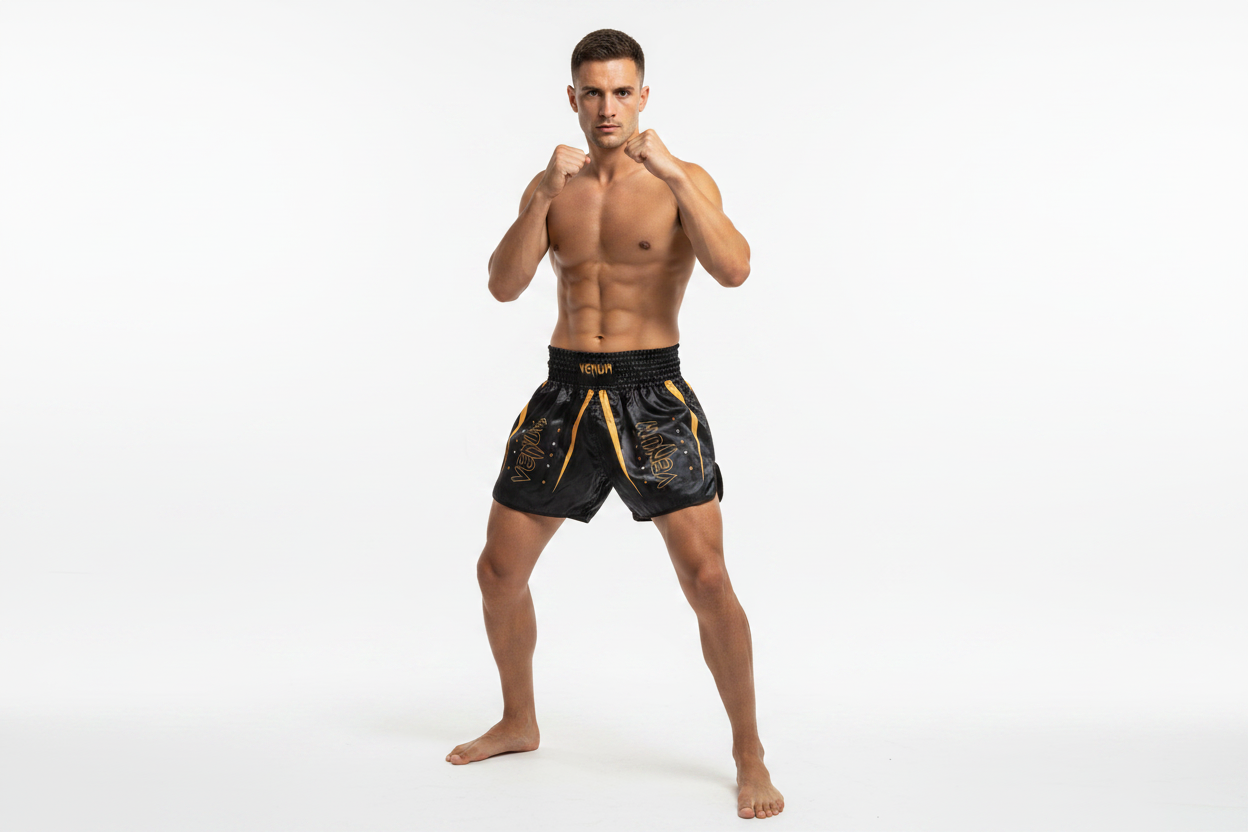 Man wearing Venum black and gold boxing shorts