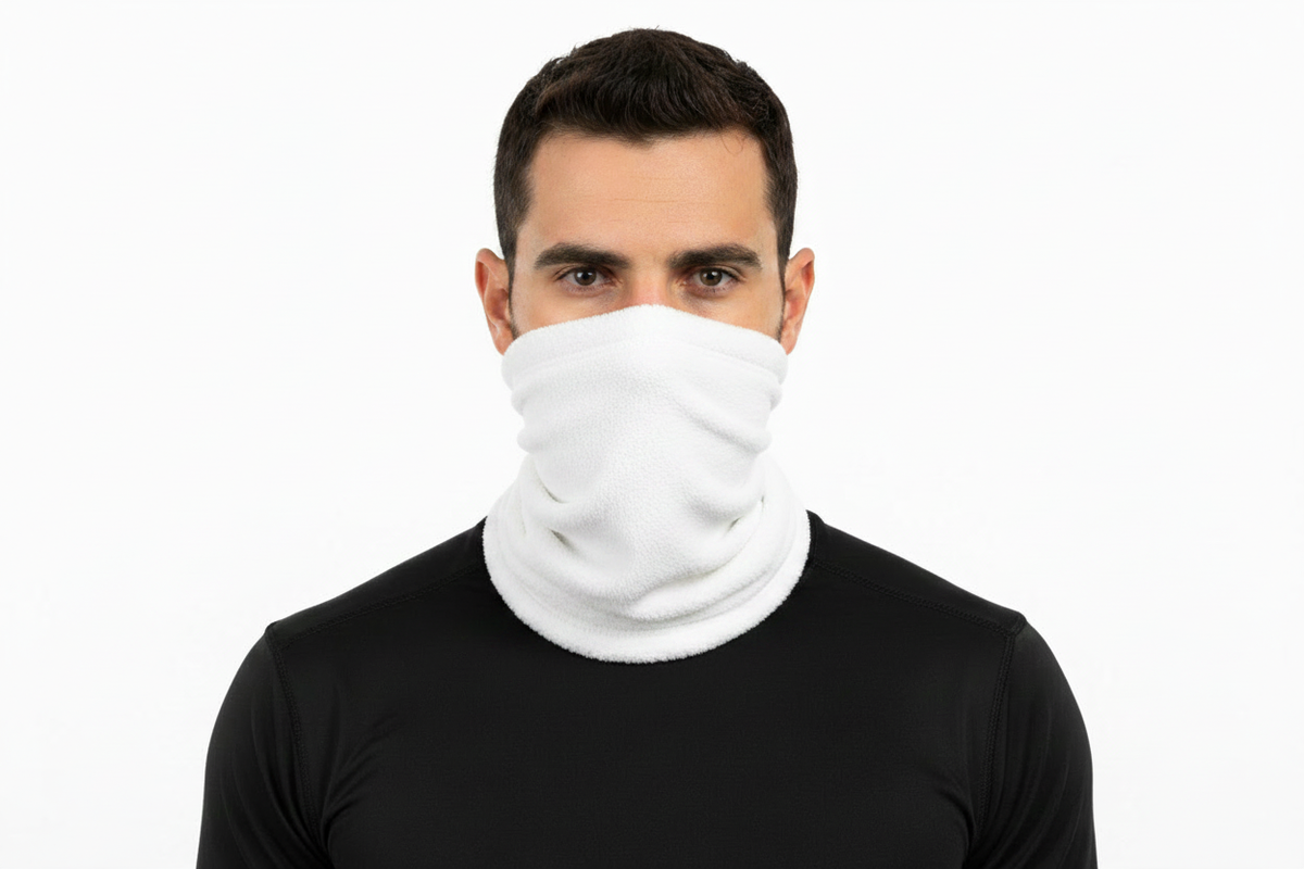 Man Wearing White Fleece Neck Gaiter