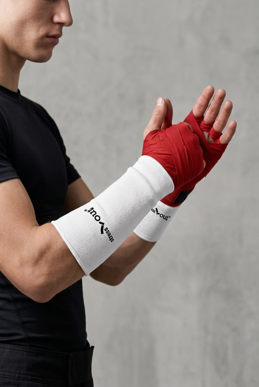 Man wearing white hand protectors in place of the black ones