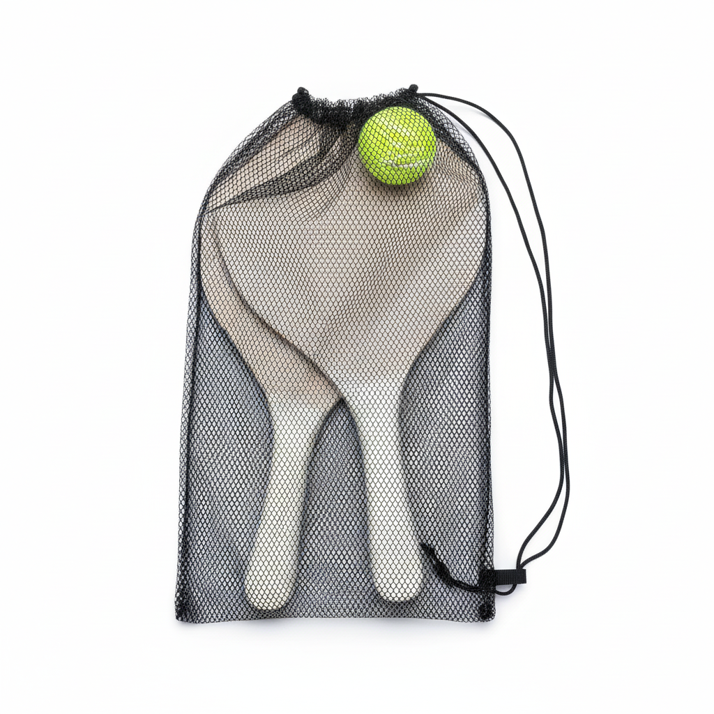 Mesh bag with swimming fins and ball on white background