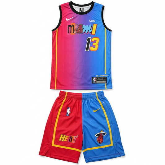 Miami Heat split-color basketball uniform set on white background