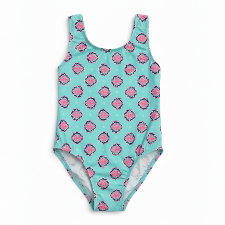 Mint & Pink Leaf Medallion Swimsuit - White Background