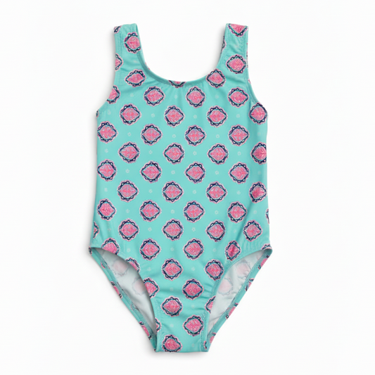 Mint & Pink Leaf Medallion Swimsuit - White Background