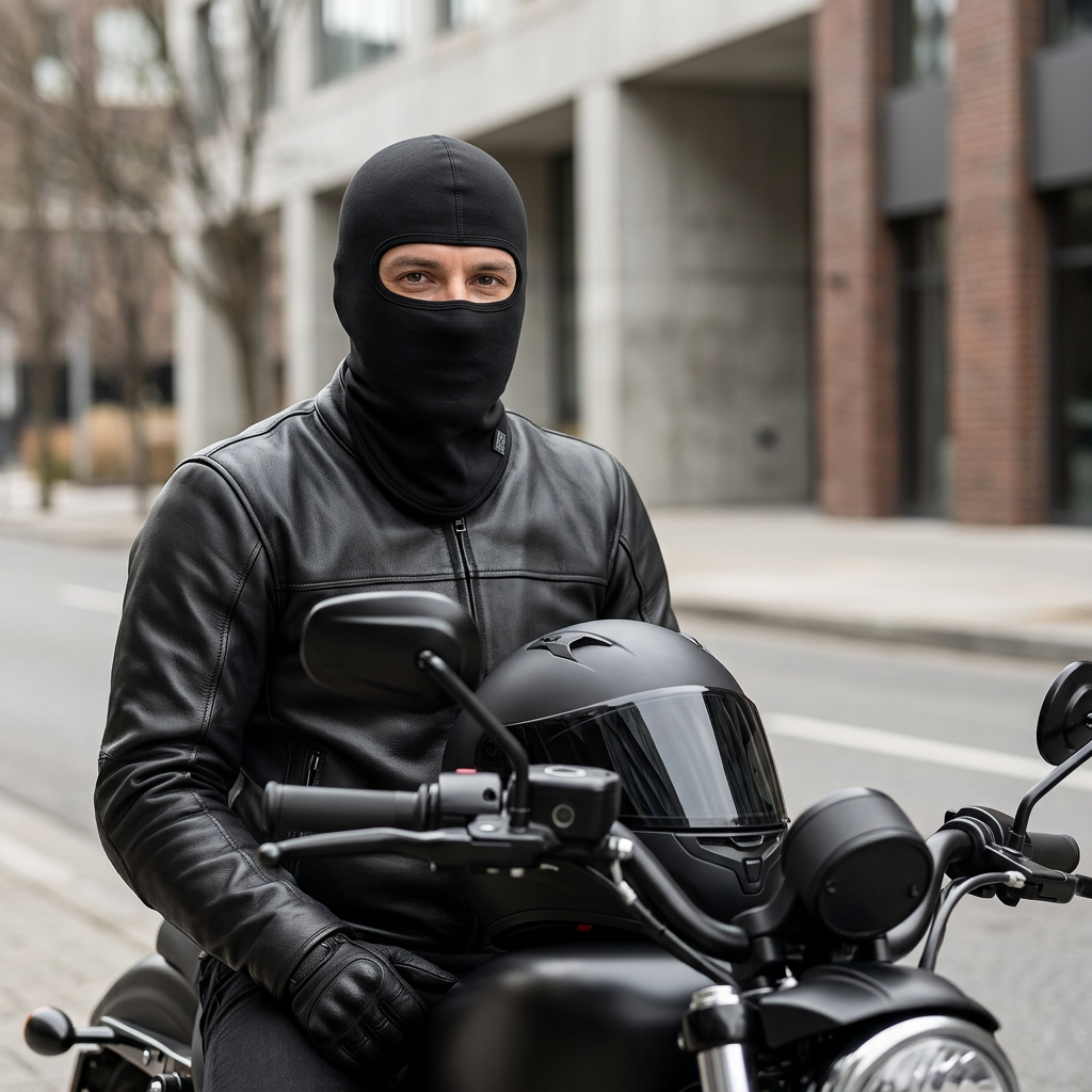 Motorcycle lifestyle shot featuring the black balaclava
