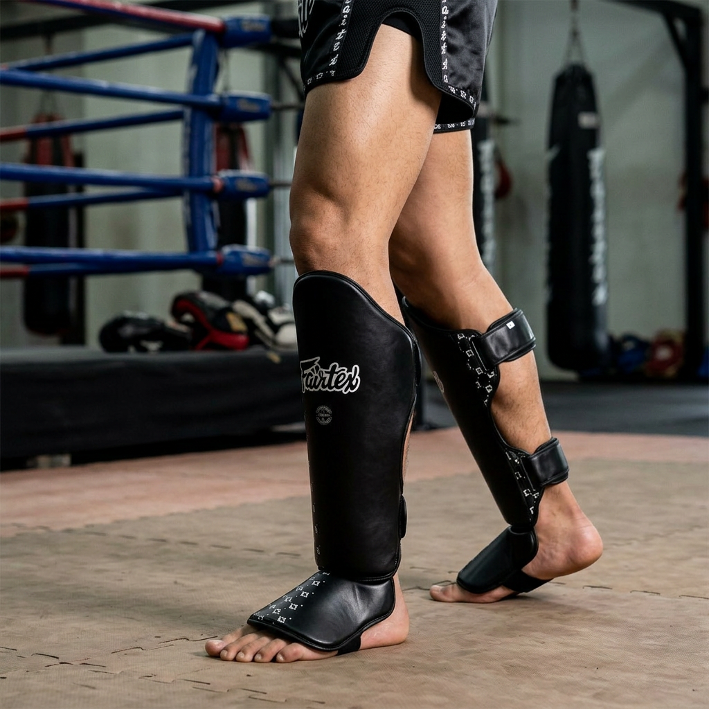 Muay Thai gym lifestyle shot featuring black Fairtex shin guards