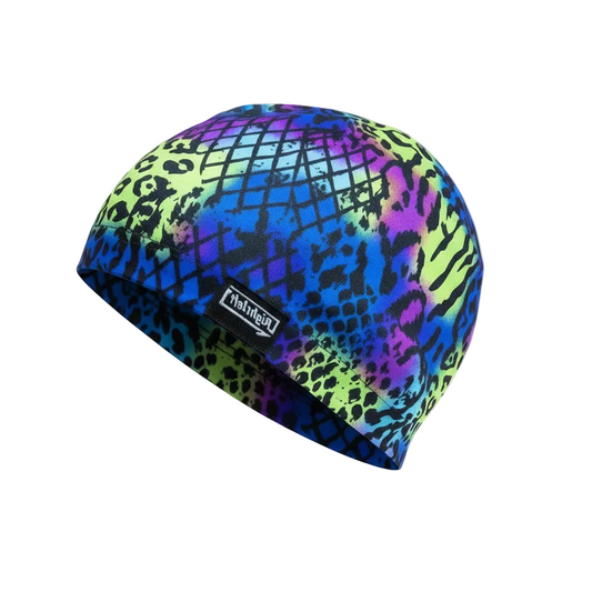 Multi-colored patterned lycra cap - left side view