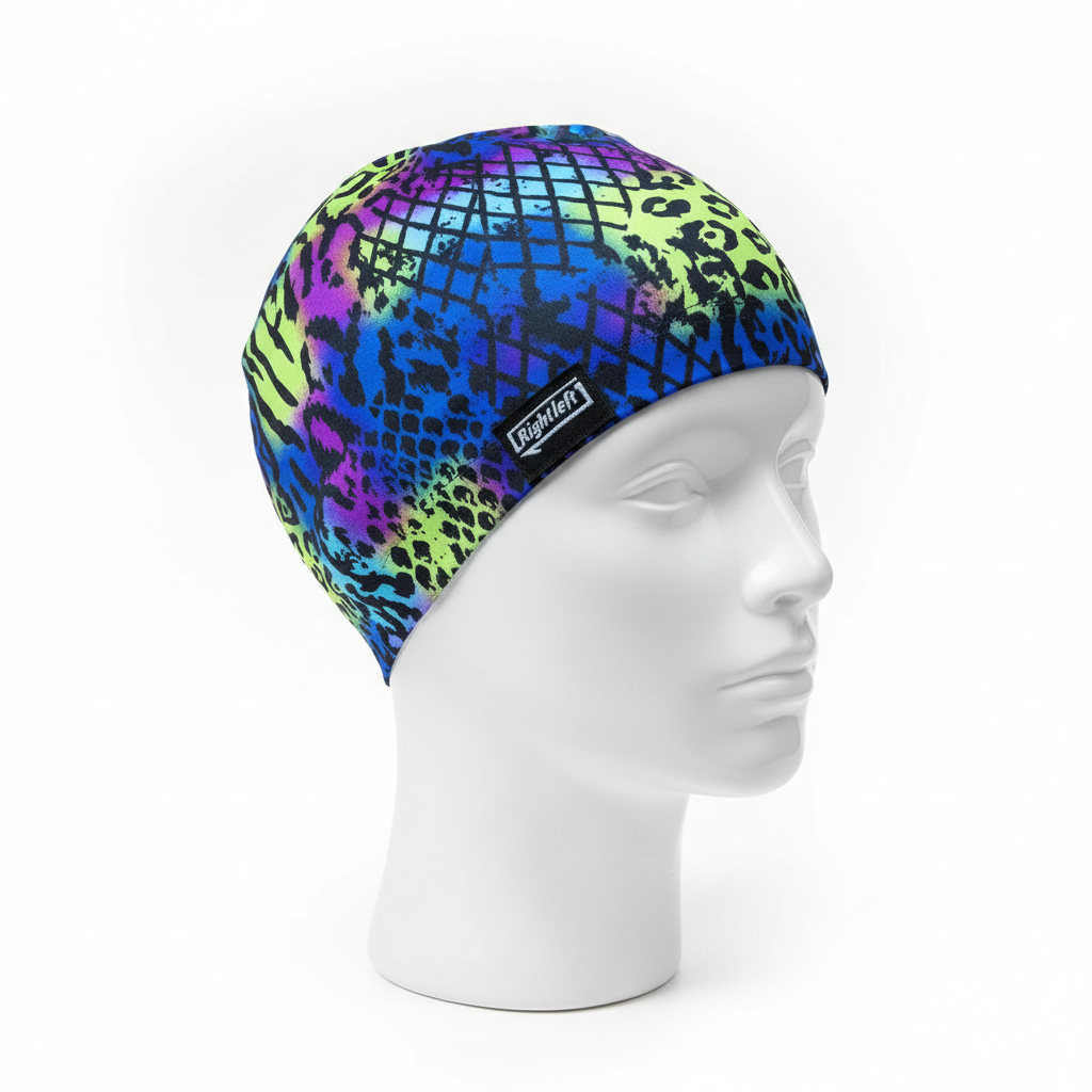 Multi-Colored Patterned Lycra Cap on Mannequin - Rightleft Brand View