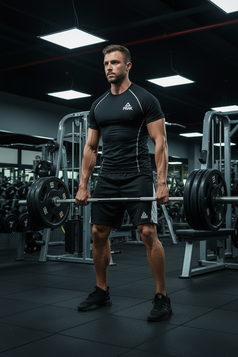 Muscular Man in Black Peak Outfit Working Out at Gym