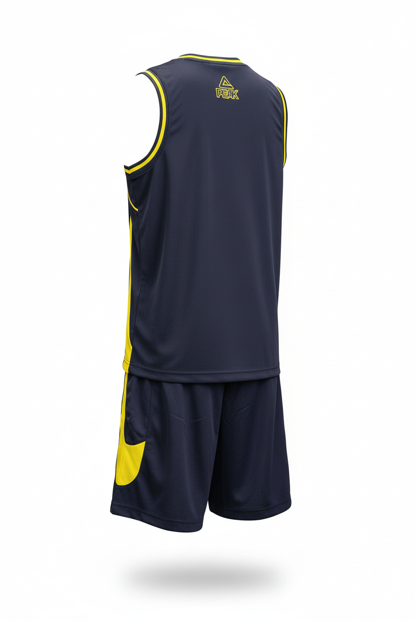 Navy and yellow basketball uniform back view ghost mannequin