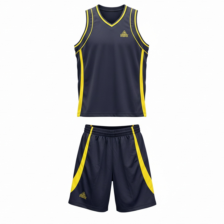 Navy and yellow basketball uniform front view ghost mannequin