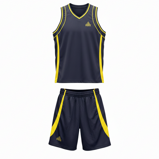 Navy and yellow basketball uniform front view ghost mannequin