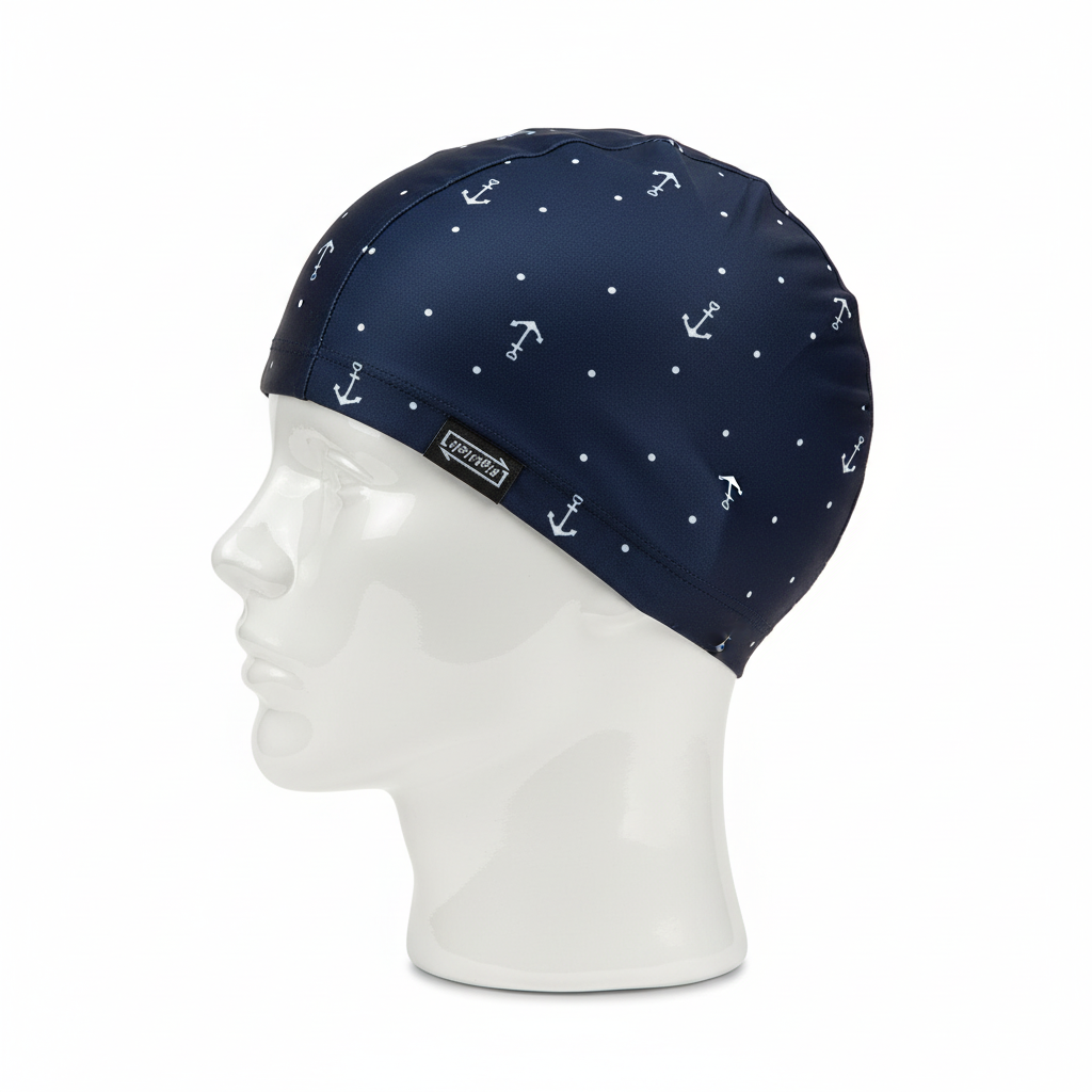 Navy blue anchor patterned lycra cap on mannequin - left side view with brand