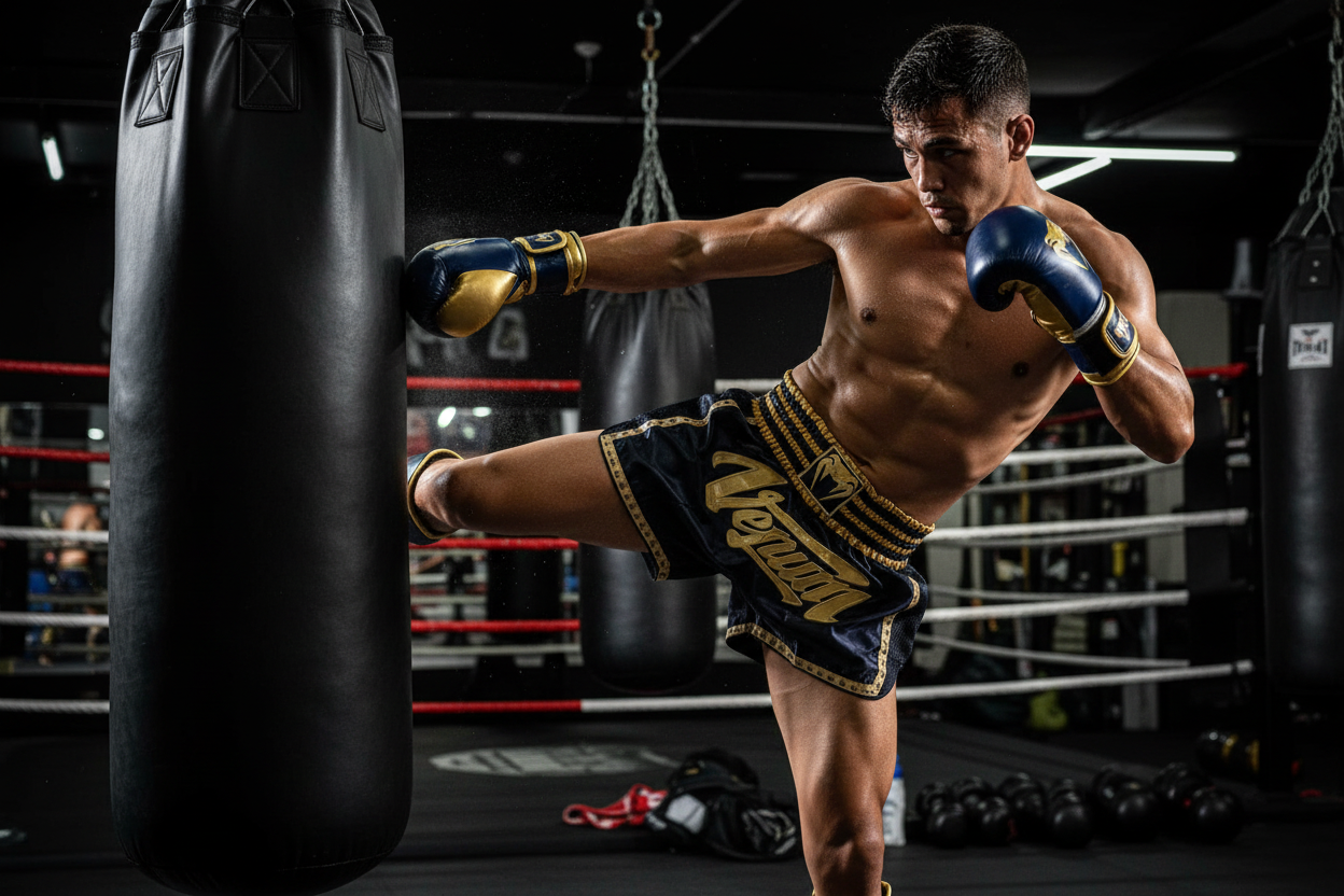 Navy blue and gold Venum Muay Thai shorts lifestyle shot