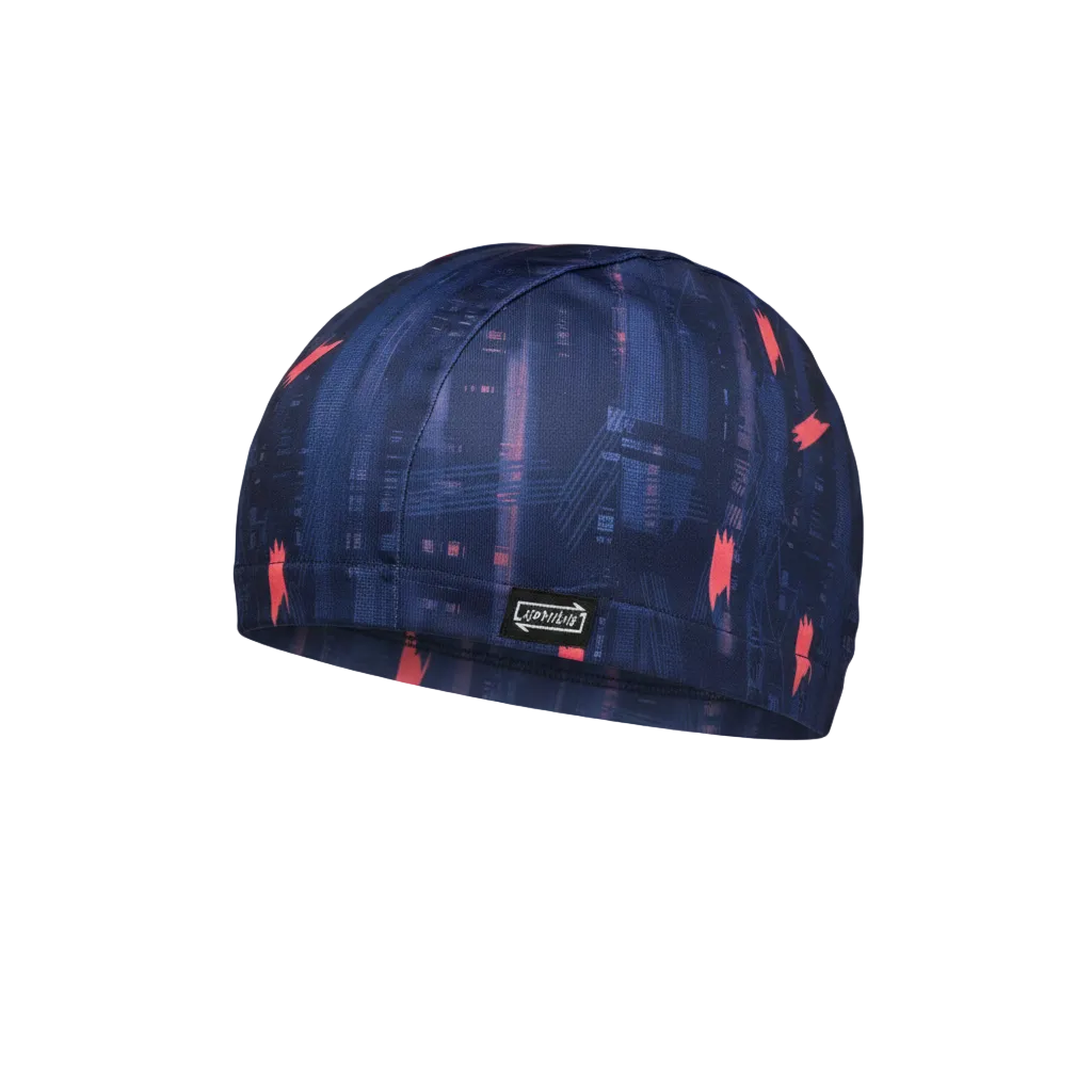 Navy blue and pink arrow patterned lycra cap - left side floating view with brand name