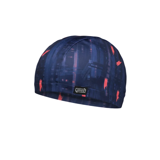 Navy blue and pink arrow patterned lycra cap - left side floating view with brand name