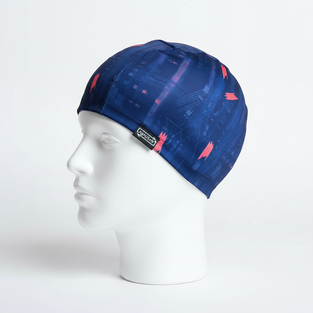 Navy blue and pink arrow patterned lycra cap - left side view with brand name prominent