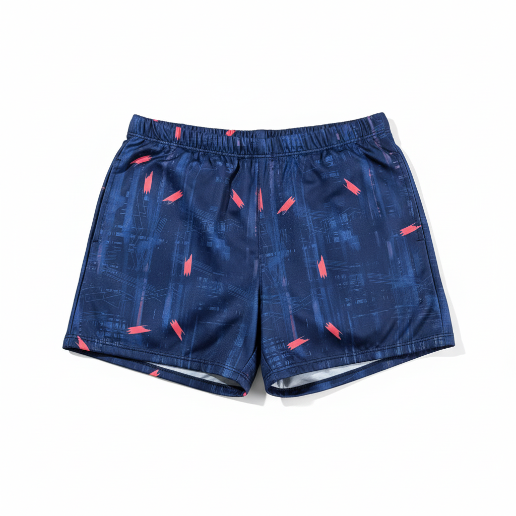 Navy blue coral brush stroke swim shorts on white background