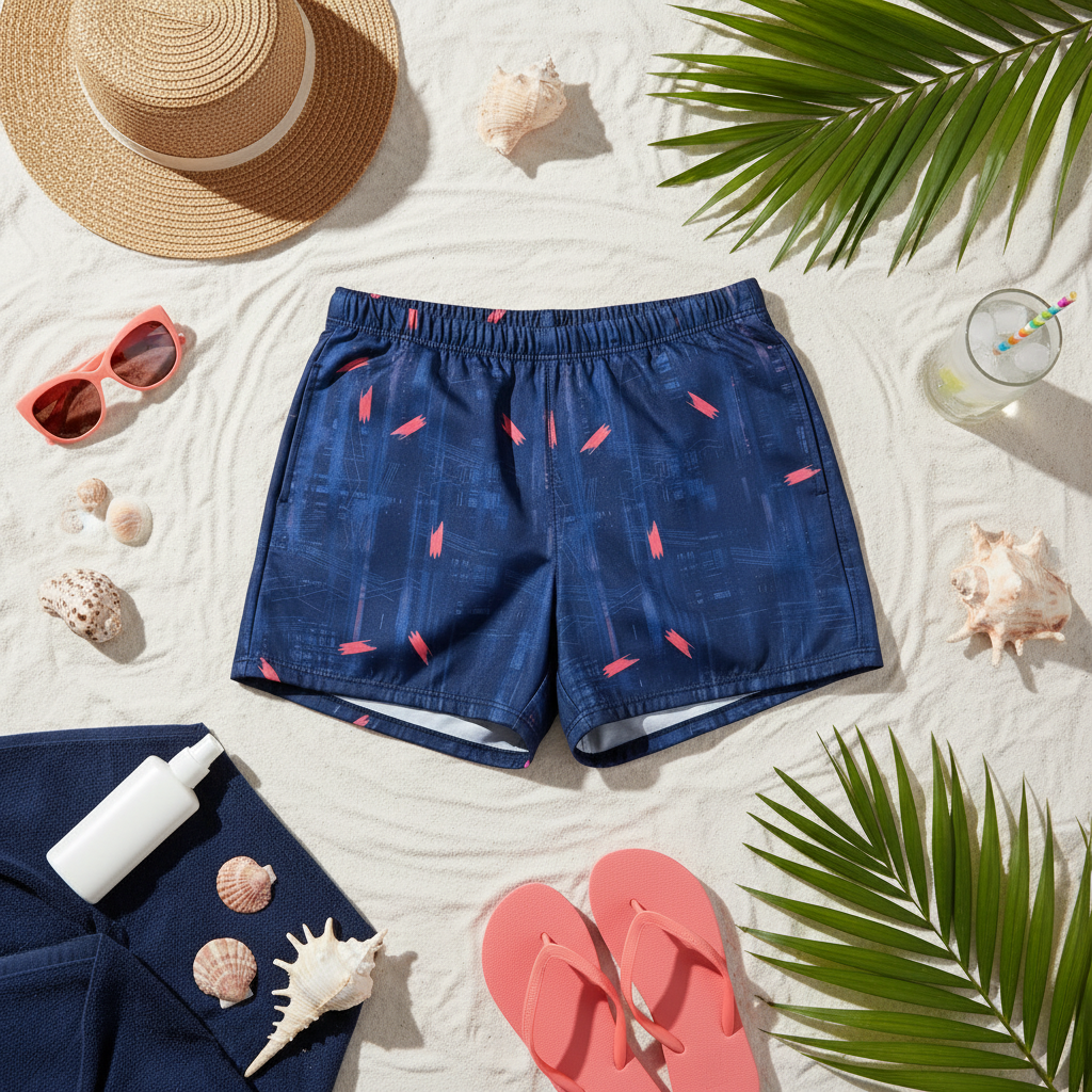 Navy Blue & Coral Brush Stroke Swim Shorts Summer Flat Lay