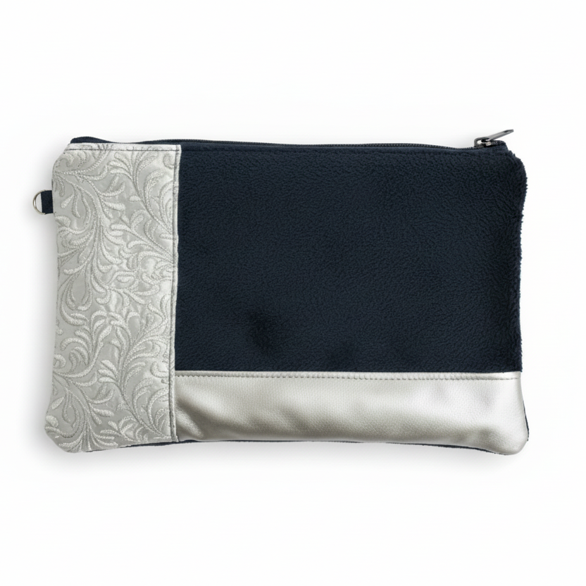 Navy blue damask pouch pure white background