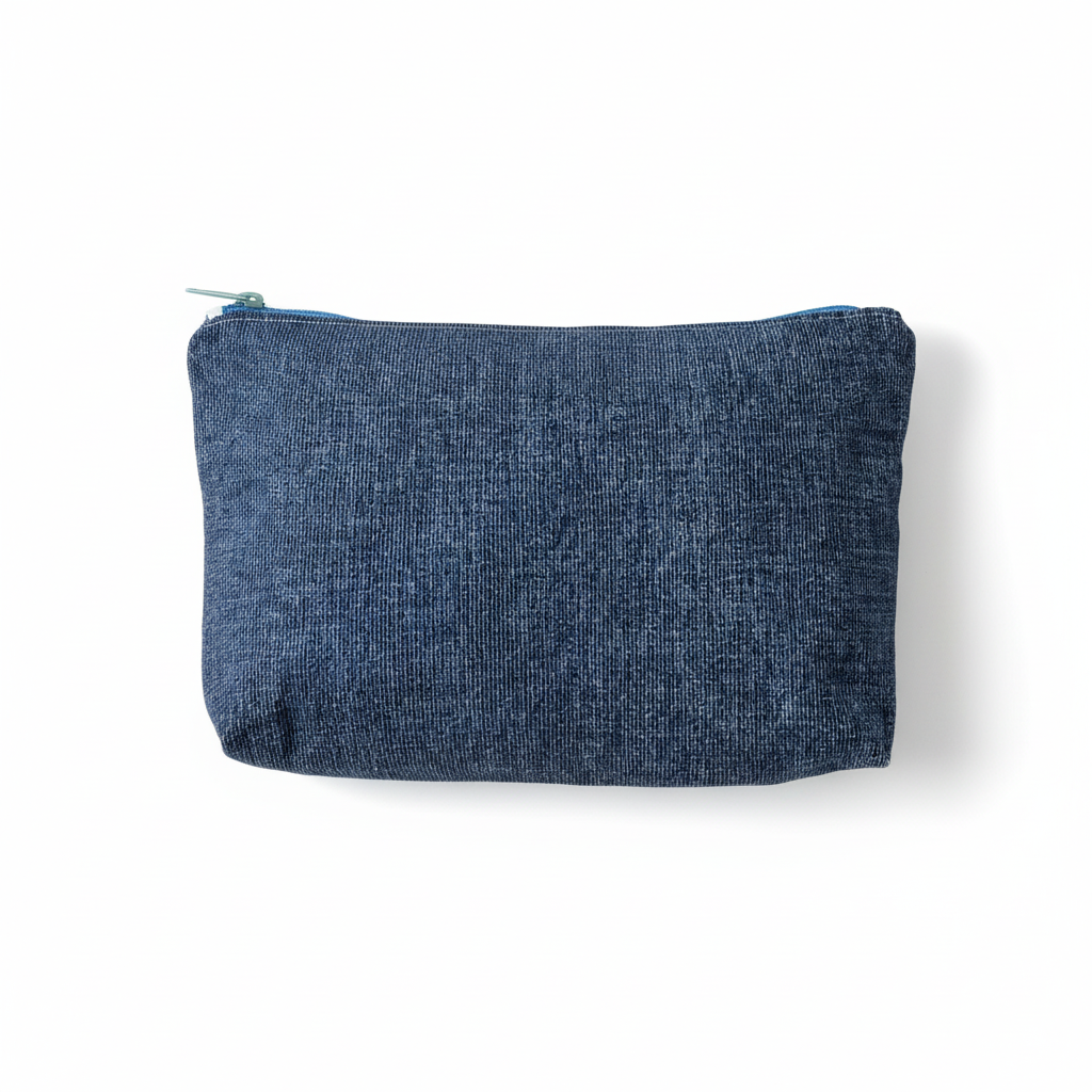 Navy blue denim cosmetic pouch on professional white background