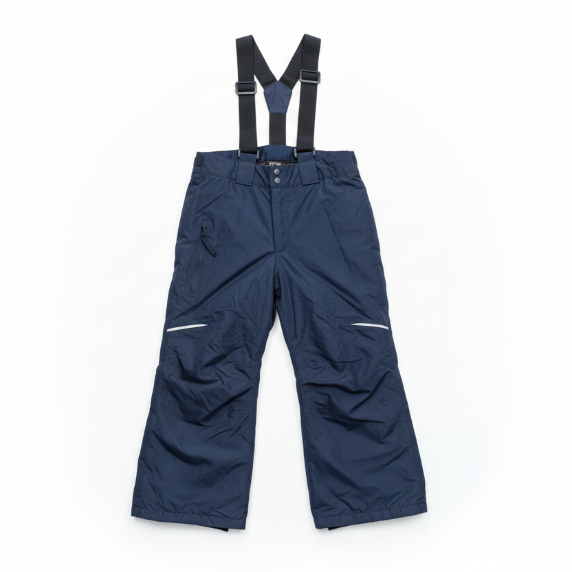 Navy blue ski snow pants with suspenders on white background