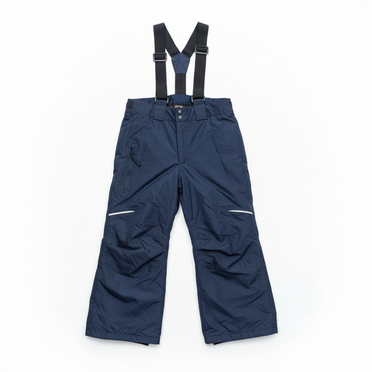Navy blue ski snow pants with suspenders on white background