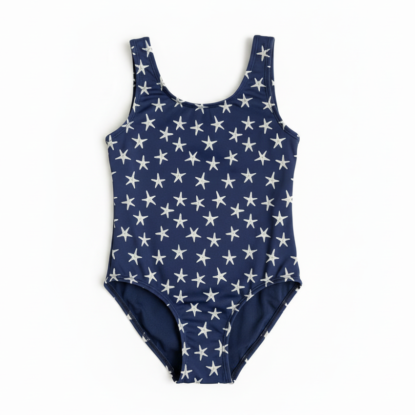 Navy Blue Starfish Print Swimsuit - White Background
