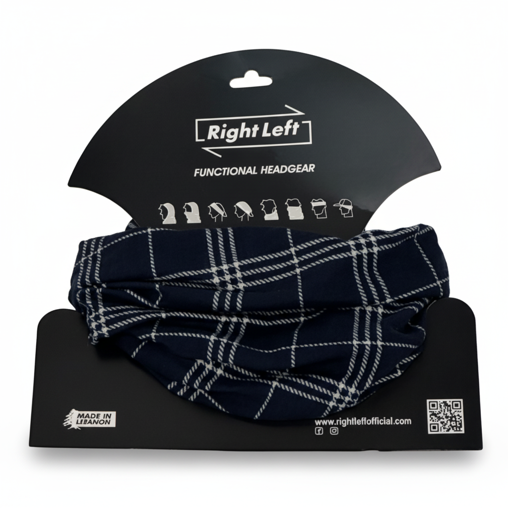 Navy plaid headgear on white background