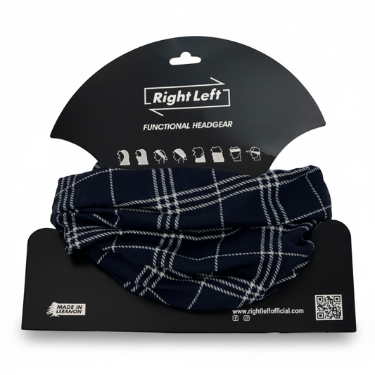 Navy plaid headgear on white background
